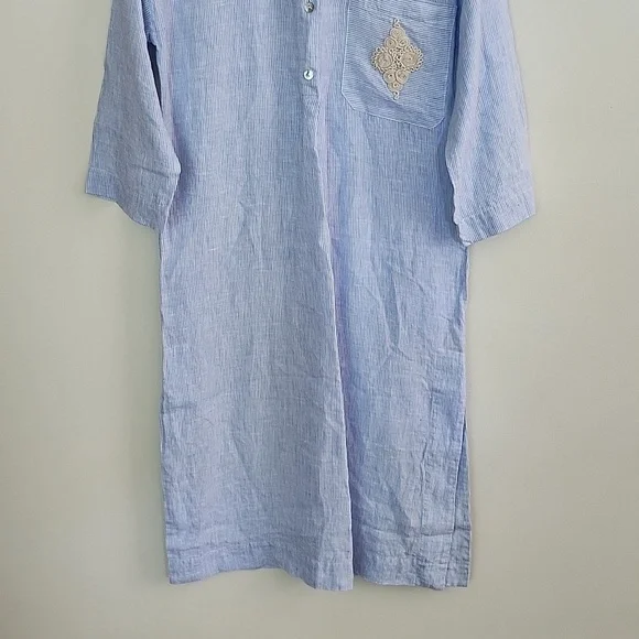 Soft Surroundings Linen Maxi Dress Blue White Striped Embroidered Side Slits S - Picture 3 of 11